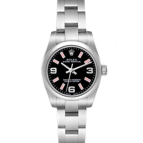 The Rolex Oyster Perpetual 176200 Women's Stainless Steel Black Dial 176200 Women's Stainless Steel Black Dial watch is shown from the front, highlighting the face, bezel, and bracelet.