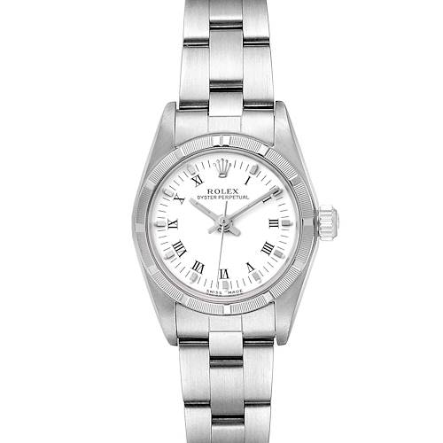 The image shows a front view of the Rolex Oyster Perpetual 76030 Women's Stainless Steel White Dial 76030 Women's Stainless Steel White Dial watch, including the bracelet, bezel, dial, and crown.