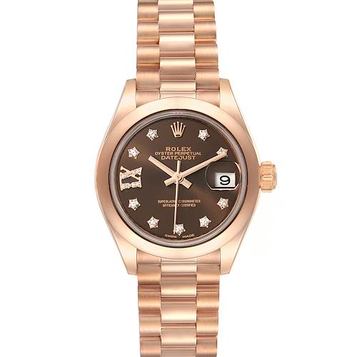 This image shows a top view of a Rolex President 279165 Women's Rose Gold Brown Dial 279165 Women's Rose Gold Brown Dial model watch, displaying its face, crown, and bracelet.