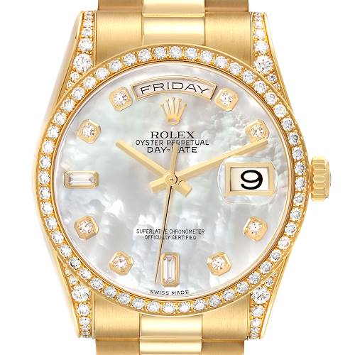 The Rolex President 118388 Men's Yellow Gold Mother of Pearl Dial 118388 Men's Yellow Gold Mother of Pearl Dial model is shown from the front, displaying the dial, bezel, and part of the bracelet.