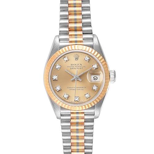 The image shows a front view of the Rolex President 69179 Women's White Gold Brown Dial 69179 Women's White Gold Brown Dial model watch displaying its face, bezel, and bracelet.