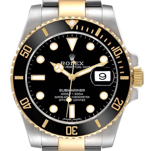 The Rolex Submariner 116613LN Men's Steel and Gold (two tone) Black Dial 116613LN Men's Steel and Gold (two tone) Black Dial watch is shown from the front, featuring its dial, bezel, crown, and part of the bracelet.