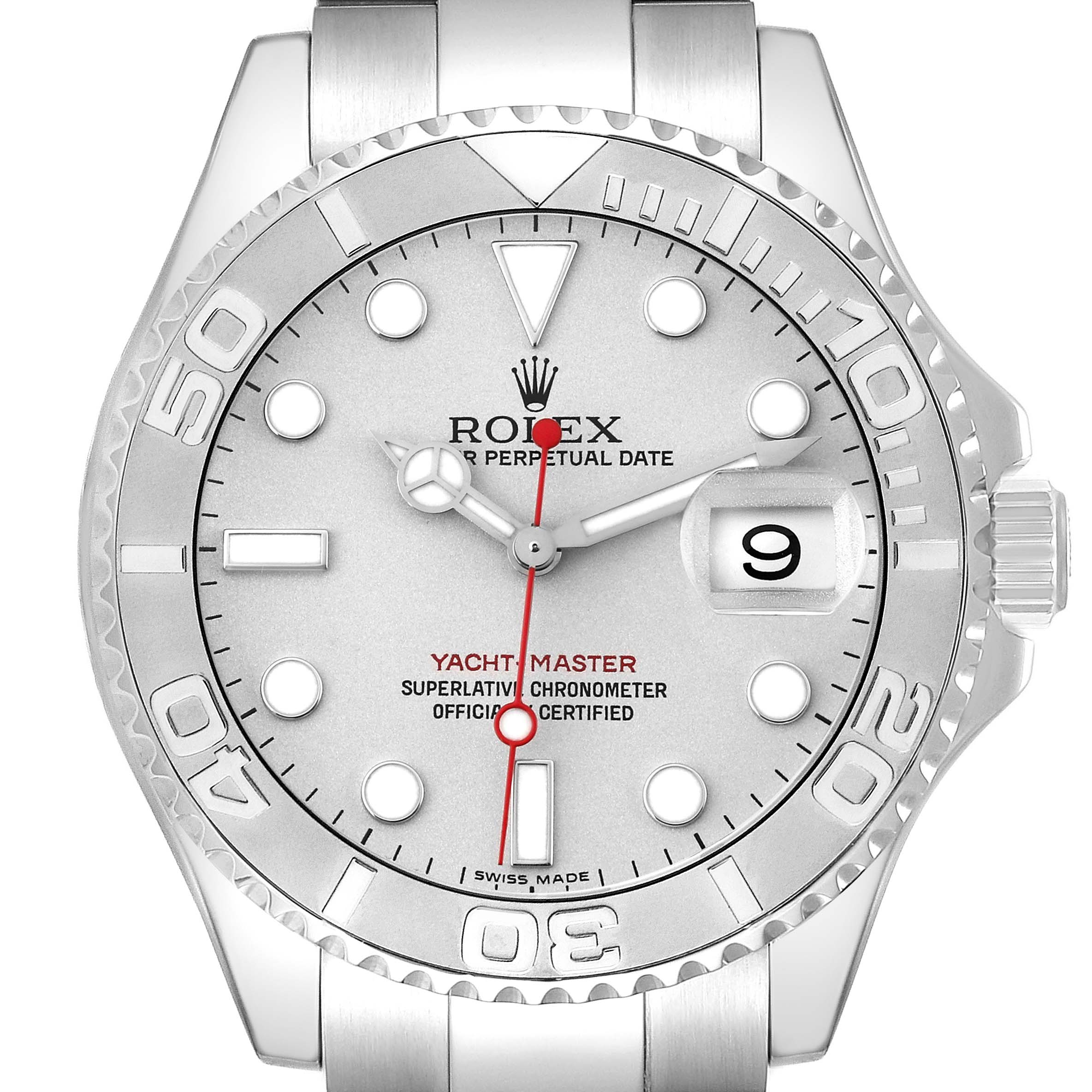 The Rolex Yacht-Master 16622 Men's Stainless Steel Silver Dial 16622 Men's Stainless Steel Silver Dial watch is shown from the front, highlighting the dial, bezel, and crown.