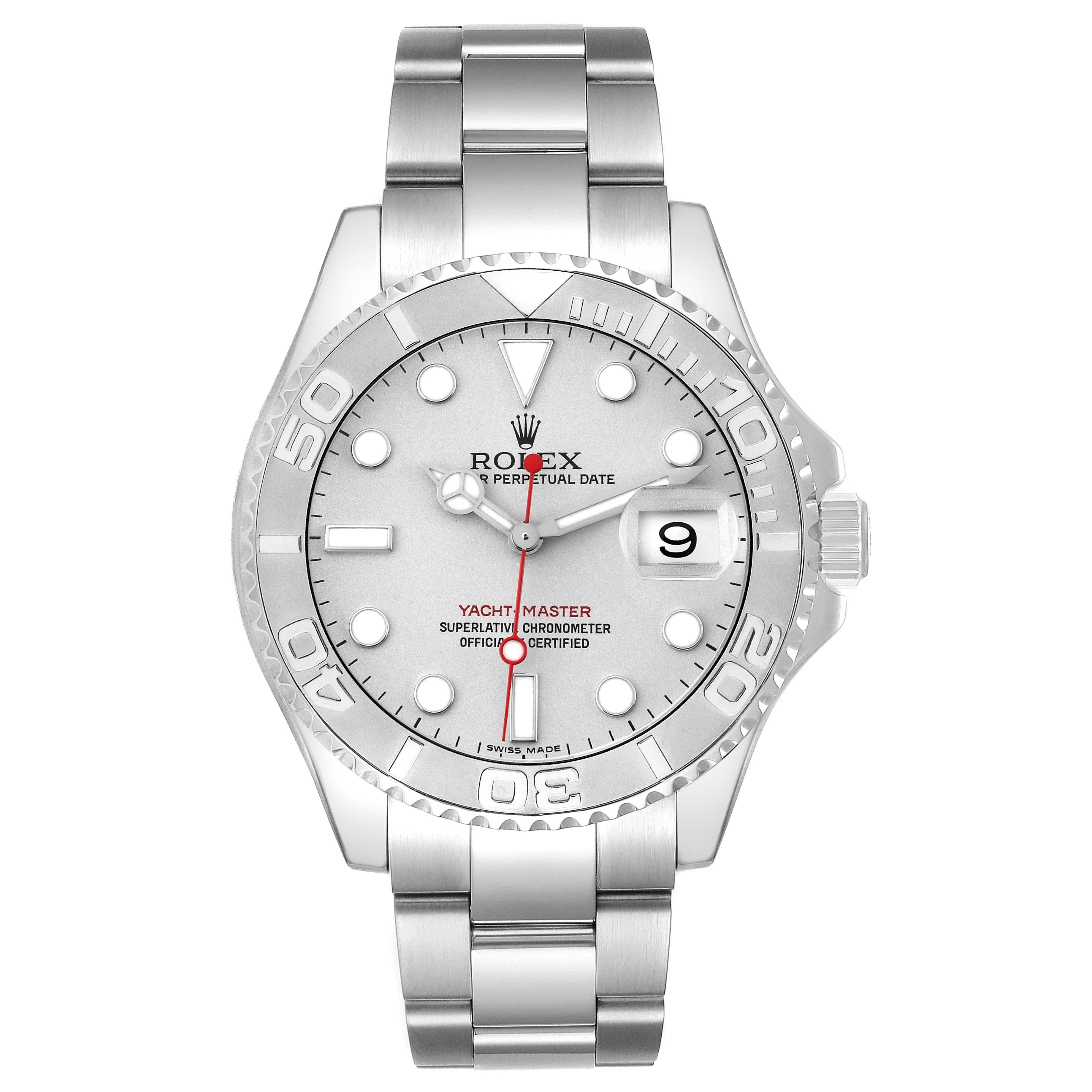 The Rolex Yacht-Master 16622 Men's Stainless Steel Silver Dial 16622 Men's Stainless Steel Silver Dial watch is shown from the front, highlighting the dial, bezel, and bracelet.