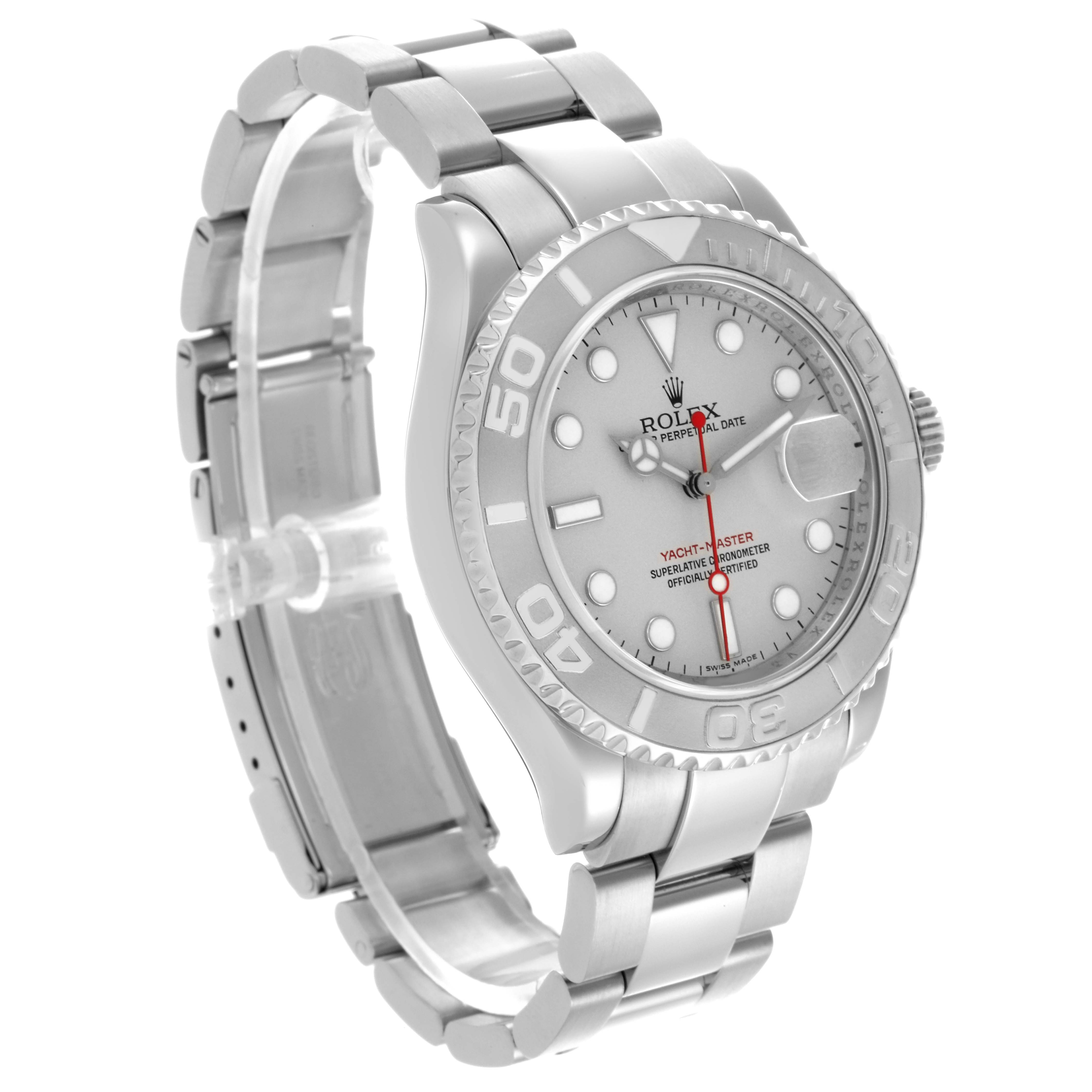 The Rolex Yacht-Master 16622 Men's Stainless Steel Silver Dial 16622 Men's Stainless Steel Silver Dial watch is pictured at an angled side view showing the bracelet, bezel, and dial.