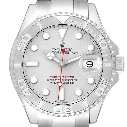 The Rolex Yacht-Master 16622 Men's Stainless Steel Silver Dial 16622 Men's Stainless Steel Silver Dial watch is shown from the front, highlighting the dial, bezel, hands, and date window.