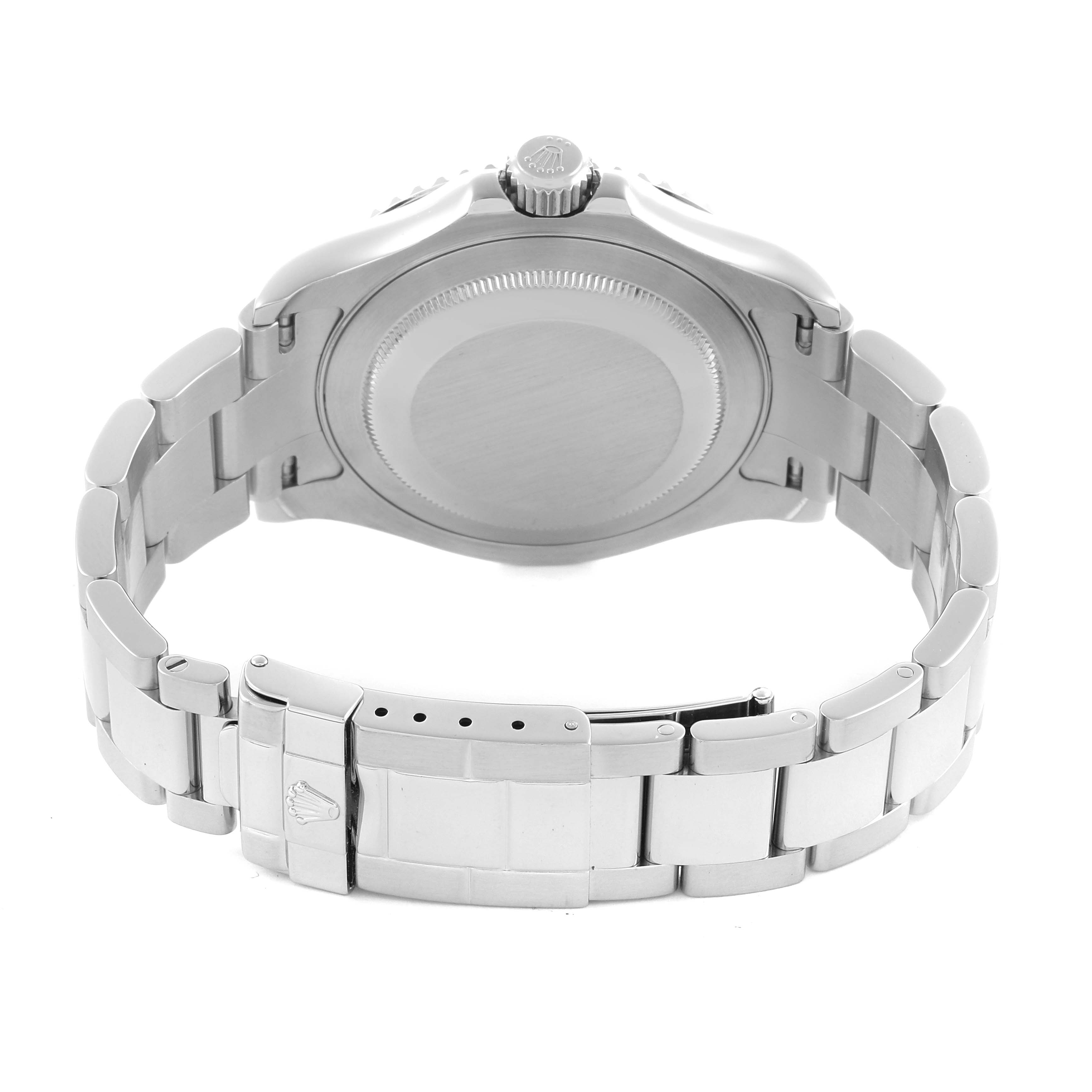 The image shows the case back and bracelet of a Rolex Yacht-Master 16622 Men's Stainless Steel Silver Dial 16622 Men's Stainless Steel Silver Dial watch from the rear angle.