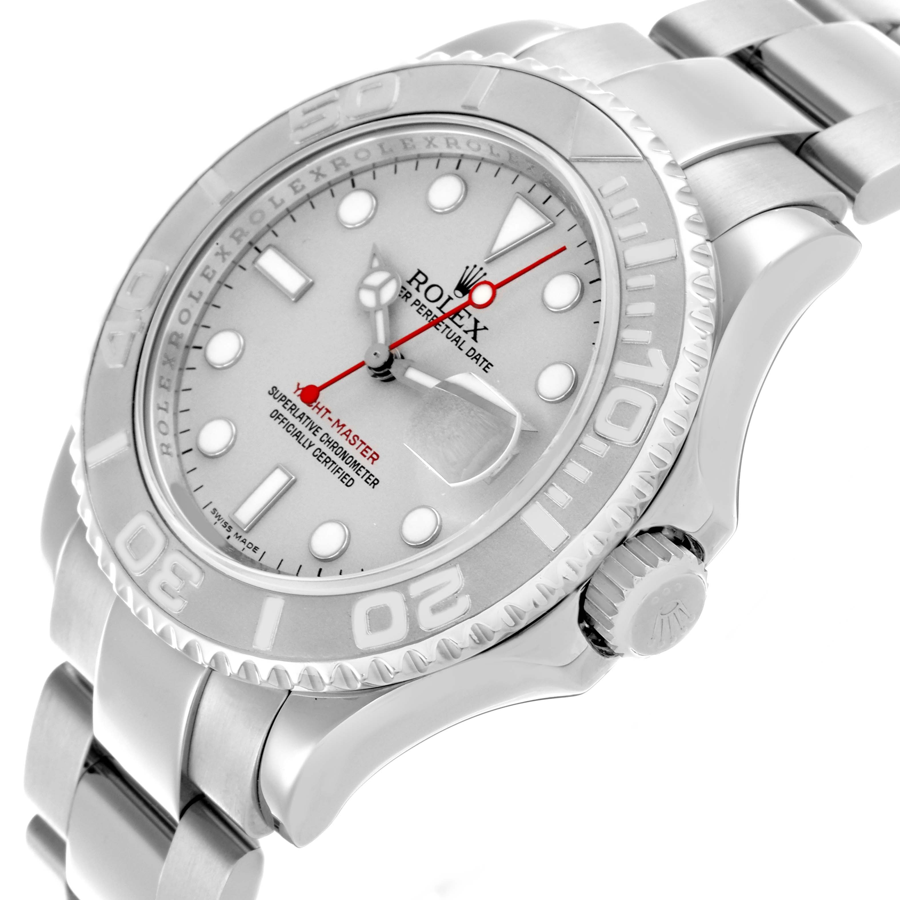 The Rolex Yacht-Master 16622 Men's Stainless Steel Silver Dial 16622 Men's Stainless Steel Silver Dial watch is shown at an angle highlighting the dial, bezel, and bracelet.