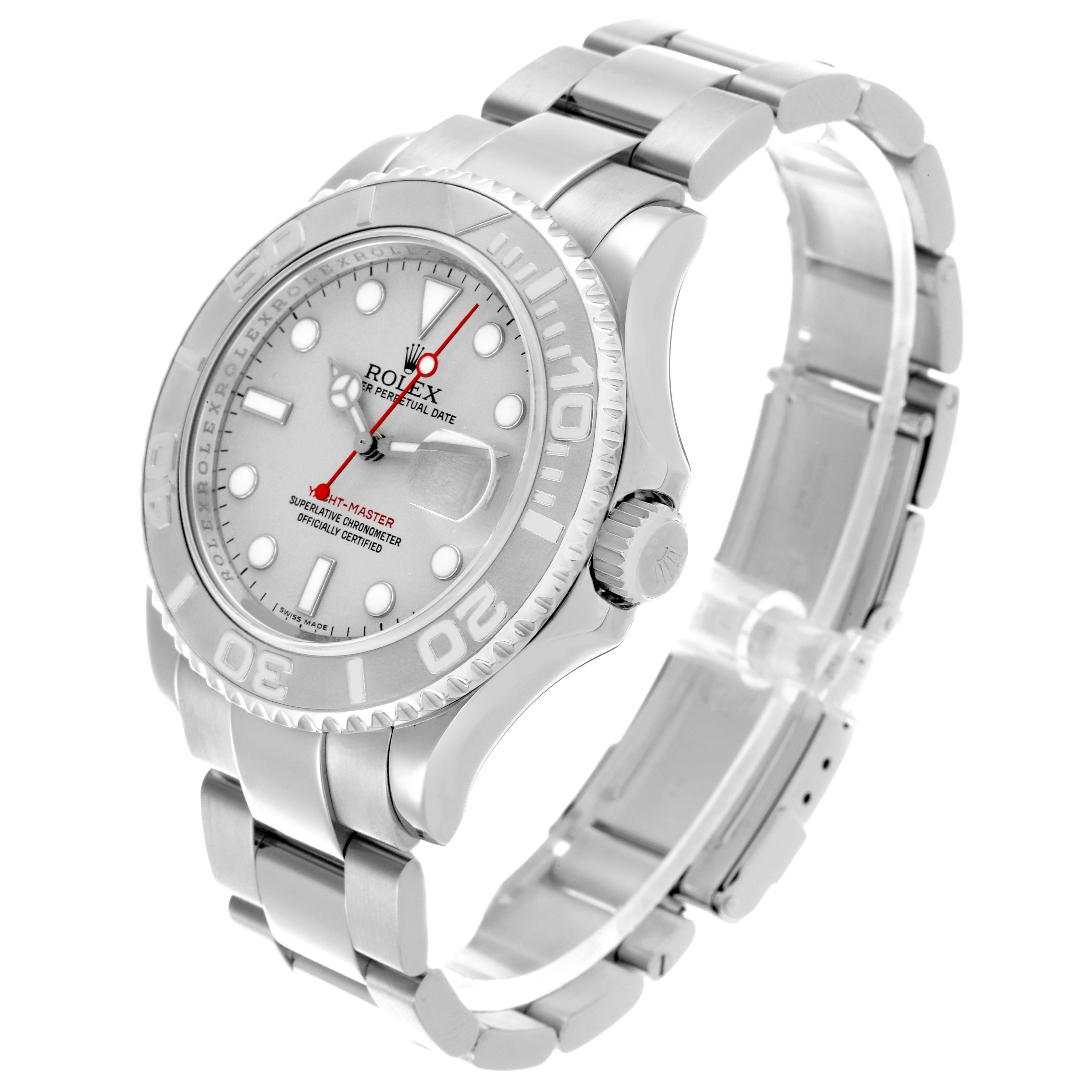 The Rolex Yacht-Master 16622 Men's Stainless Steel Silver Dial 16622 Men's Stainless Steel Silver Dial watch is shown at a three-quarter angle, displaying the face, bezel, and bracelet clearly.
