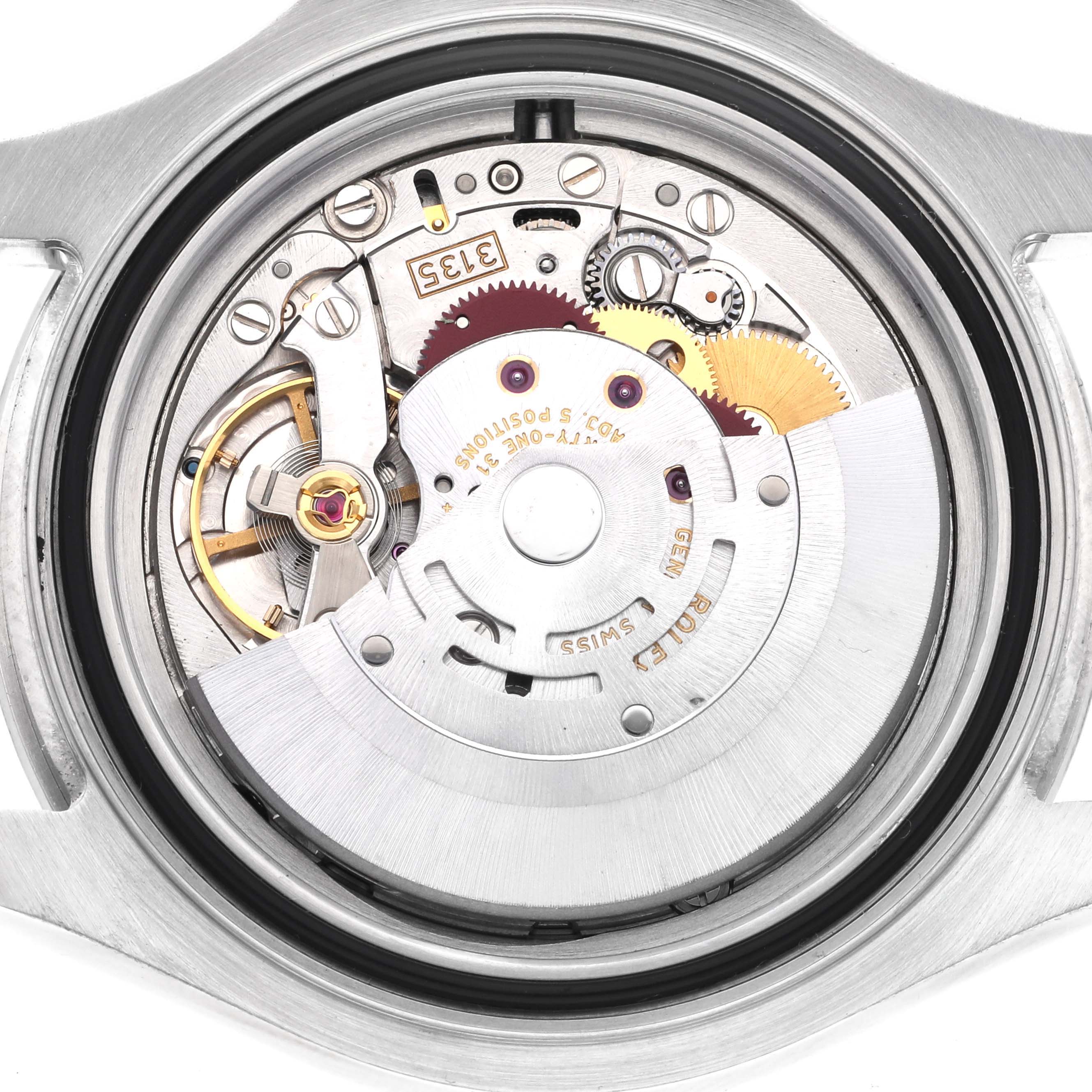 This is a close-up of the Rolex Yacht-Master 16622 Men's Stainless Steel Silver Dial 16622 Men's Stainless Steel Silver Dial's movement, showcasing its intricate internal components.