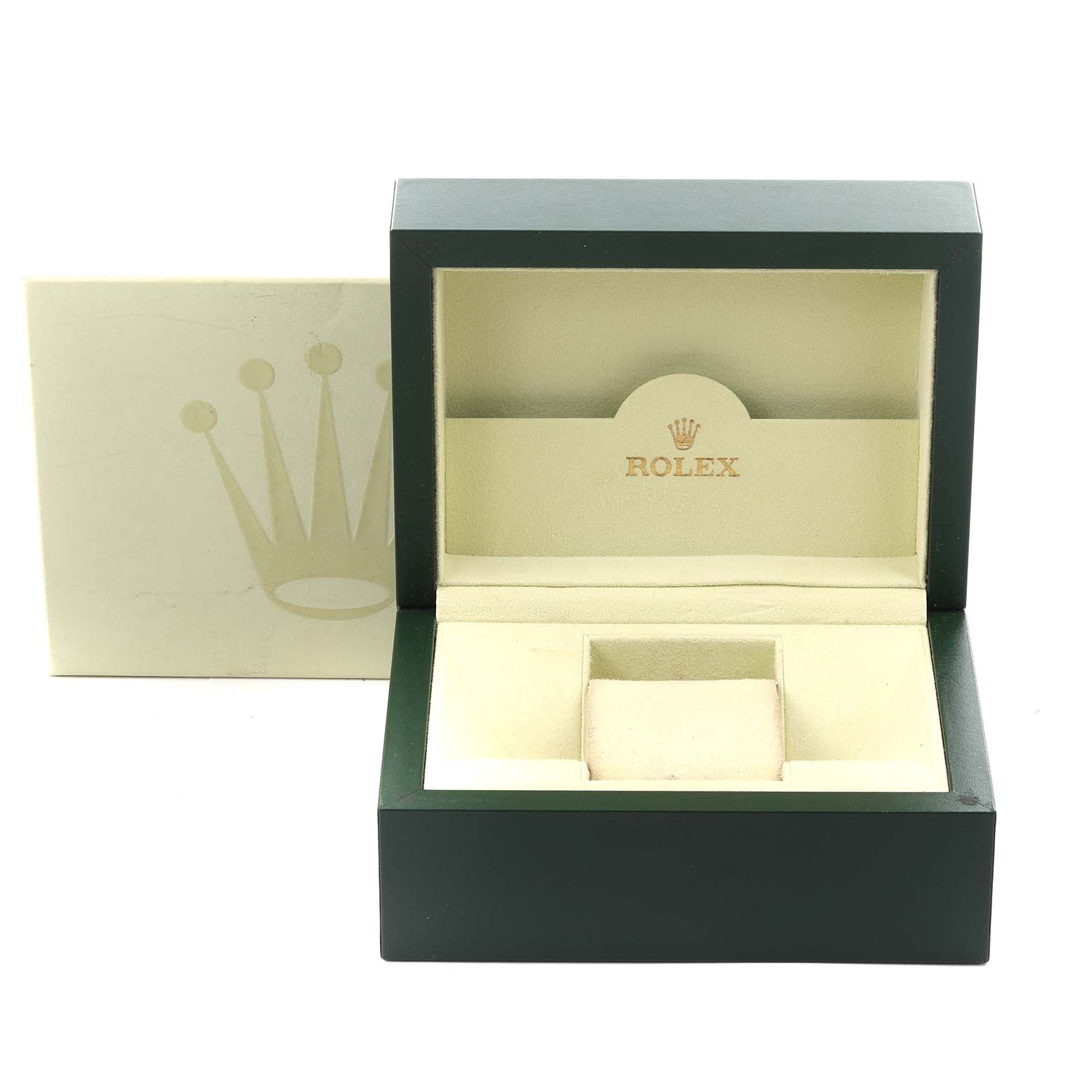 The image shows an open Rolex Yacht-Master 16622 Men's Stainless Steel Silver Dial 16622 Men's Stainless Steel Silver Dial watch box, revealing its interior with slots for the watch.