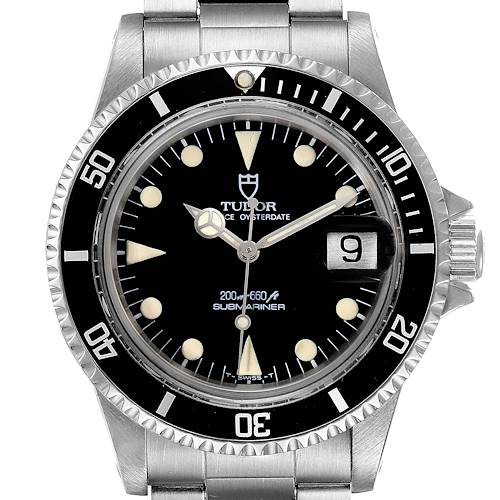 The image shows a frontal view of a Tudor Submariner 79090 Men's Stainless Steel Black Dial 79090 Men's Stainless Steel Black Dial watch, featuring its dial, bezel, crown, and part of the bracelet.