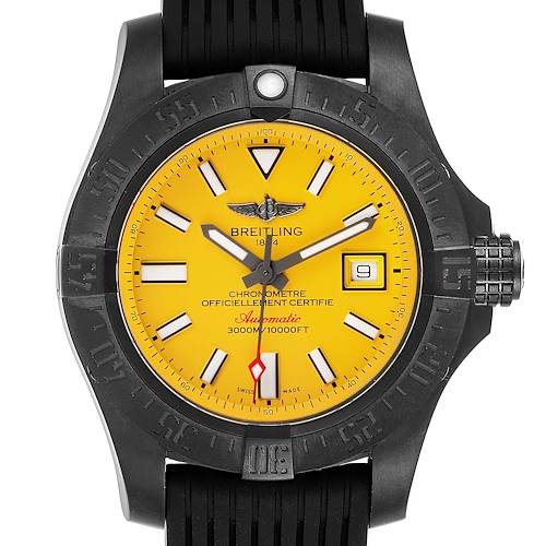 The image shows a front view of a Breitling Avenger M17331 Men's Stainless Steel Yellow Dial M17331 Men's Stainless Steel Yellow Dial watch with a yellow dial, black bezel, and black rubber strap.