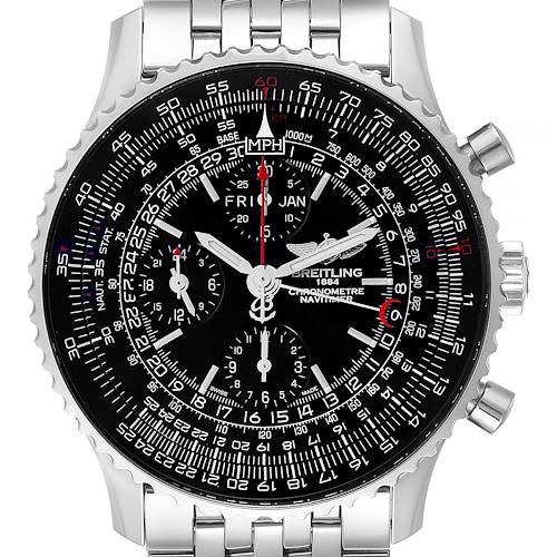This image shows a front view of a Breitling Navitimer A2135024/BE62-453A Men's Stainless Steel Black Dial A2135024/BE62-453A Men's Stainless Steel Black Dial watch, highlighting its dial, bezel, and metal bracelet.