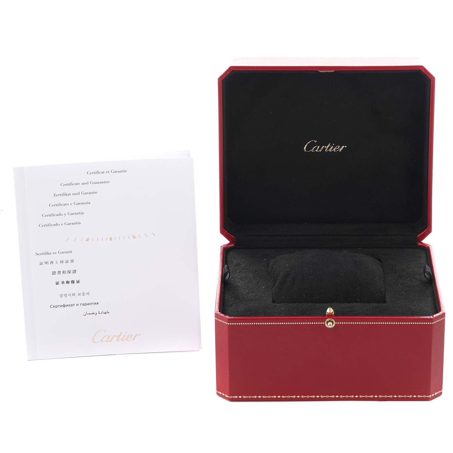 The image shows the Cartier Ballon Bleu W2BB0012 Women's Steel and Gold (two tone) Silver Dial W2BB0012 Women's Steel and Gold (two tone) Silver Dial watch box and certificate from a front angle.