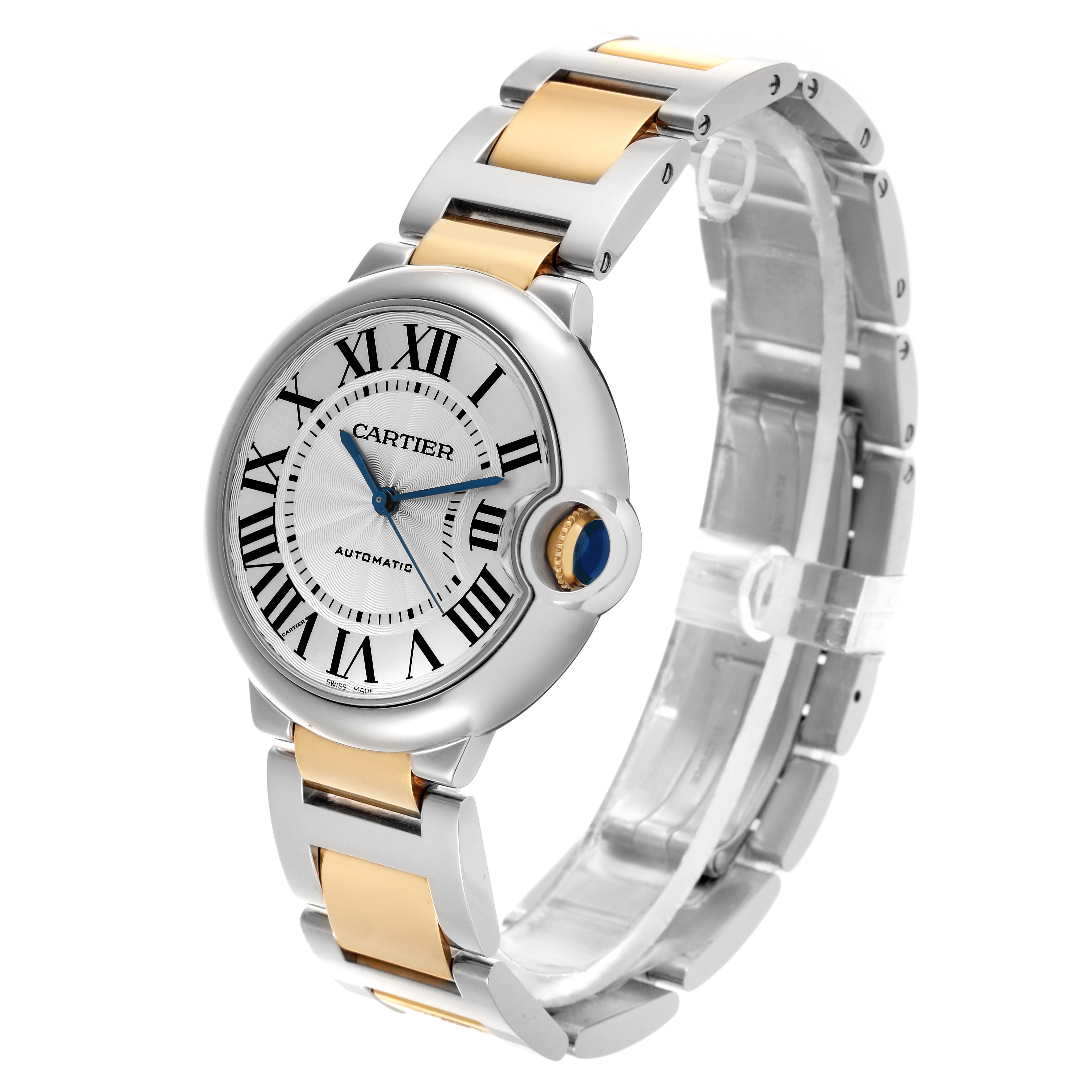 The Cartier Ballon Bleu W2BB0012 Women's Steel and Gold (two tone) Silver Dial W2BB0012 Women's Steel and Gold (two tone) Silver Dial watch is shown at a three-quarter angle, displaying its face and bracelet.