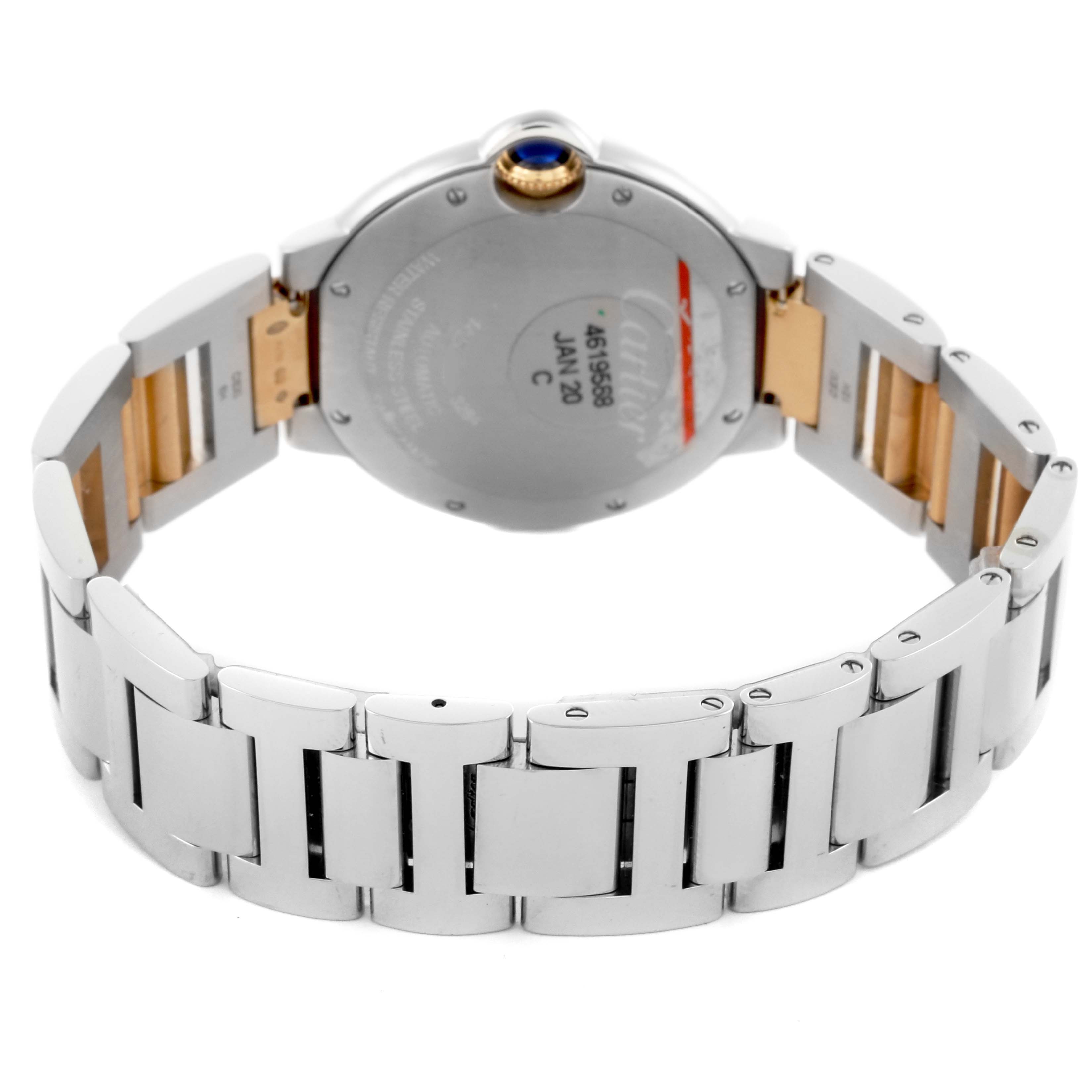 The image shows the back and bracelet of the Cartier Ballon Bleu W2BB0012 Women's Steel and Gold (two tone) Silver Dial W2BB0012 Women's Steel and Gold (two tone) Silver Dial watch, highlighting the clasp and the rear case details.