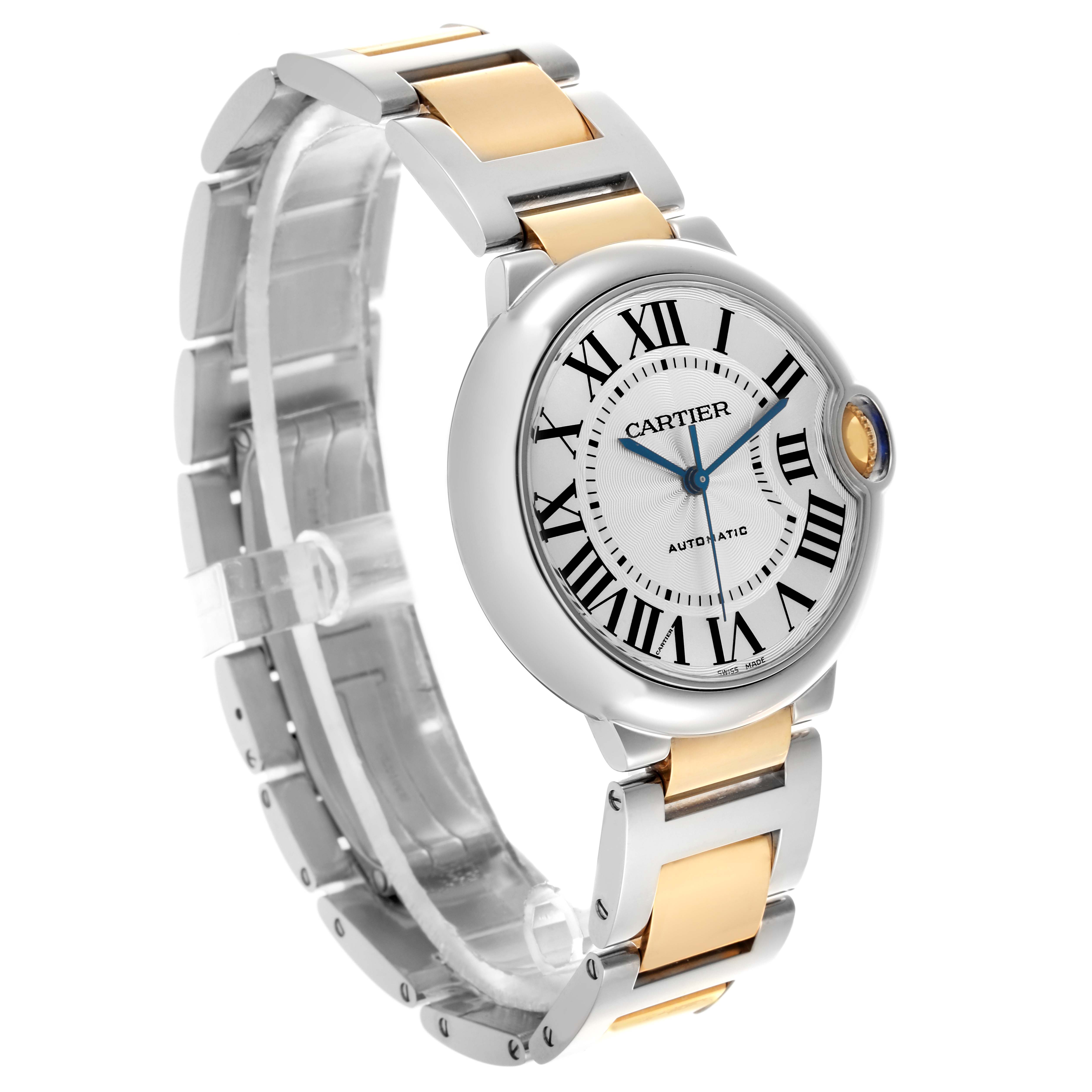 The Cartier Ballon Bleu W2BB0012 Women's Steel and Gold (two tone) Silver Dial W2BB0012 Women's Steel and Gold (two tone) Silver Dial watch is shown at a three-quarter angle, displaying the face, bracelet, and crown.