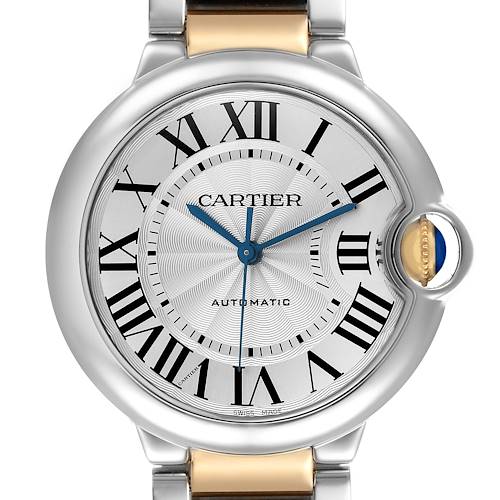 The image shows a front view of the Cartier Ballon Bleu W2BB0012 Women's Steel and Gold (two tone) Silver Dial W2BB0012 Women's Steel and Gold (two tone) Silver Dial watch, highlighting the face, crown, and part of the bracelet.