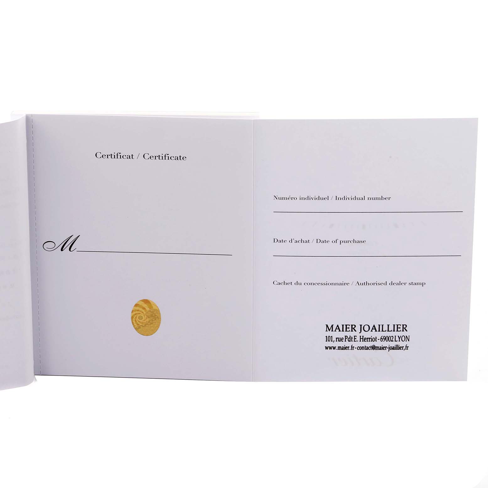 This image shows the open warranty booklet for the Ballon Bleu model by Cartier, with sections for individual number and purchase date.