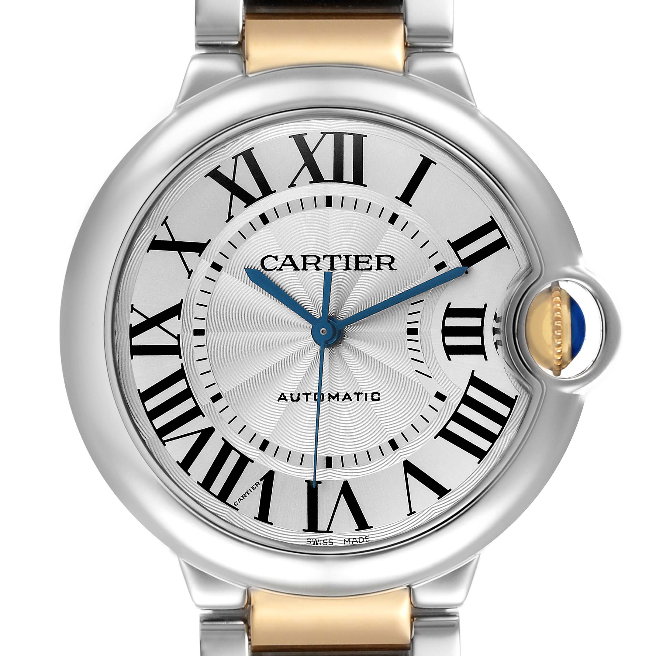 The Cartier Ballon Bleu W2BB0012 Women's Steel and Gold (two tone) Silver Dial W2BB0012 Women's Steel and Gold (two tone) Silver Dial watch is shown from a front angle, highlighting the face and crown with its signature blue sapphire.