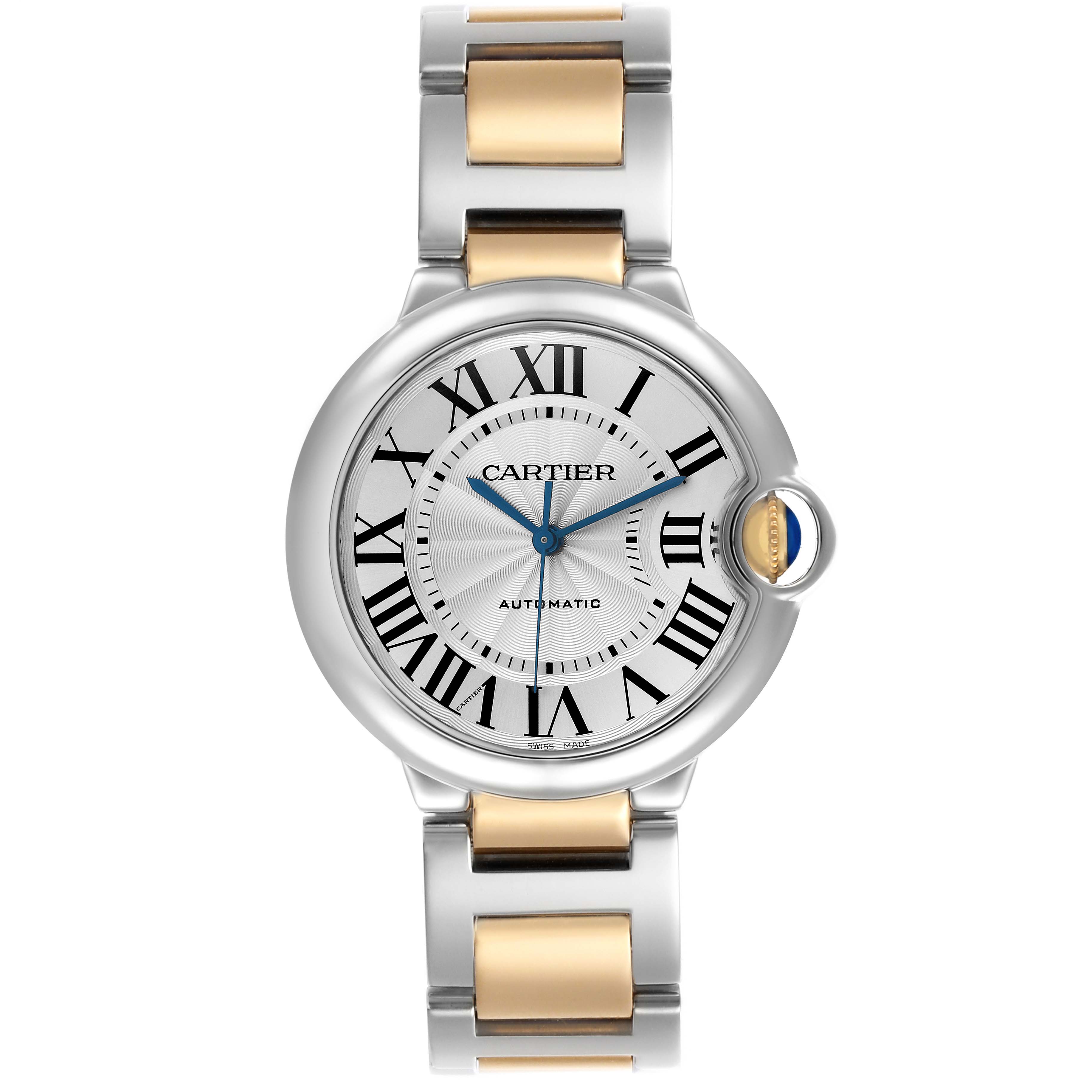 The Cartier Ballon Bleu W2BB0012 Women's Steel and Gold (two tone) Silver Dial W2BB0012 Women's Steel and Gold (two tone) Silver Dial watch is shown from the front, displaying the dial, Roman numerals, and two-tone bracelet.