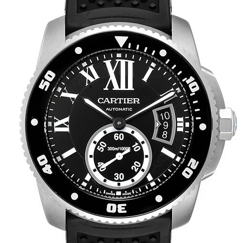 The image shows a front view of the Calibre de Cartier watch by Cartier, highlighting the dial, hands, and bezel.