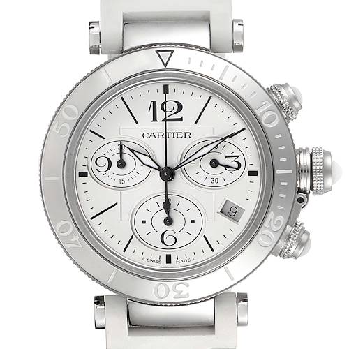 The image shows a frontal view of the Cartier Pasha W3140005 Women's Stainless Steel White Dial W3140005 Women's Stainless Steel White Dial watch, highlighting its dial, bezel, and chronograph sub-dials.