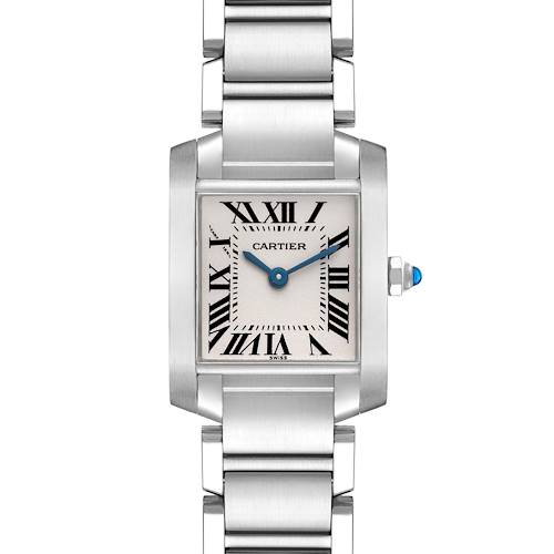 The Cartier Tank Francaise W51008Q3 Women's Stainless Steel Silver Dial W51008Q3 Women's Stainless Steel Silver Dial watch is shown from a front angle, highlighting the face, bezel, and bracelet.