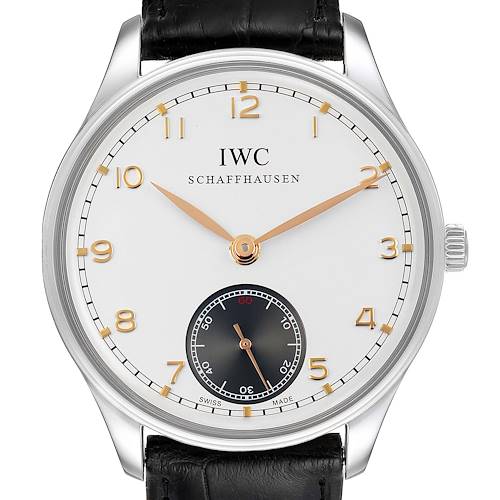 This is a frontal view of the IWC Portuguese IW545405 Men's Stainless Steel Silver Dial IW545405 Men's Stainless Steel Silver Dial model watch, showing the dial, hands, indices, and crown.