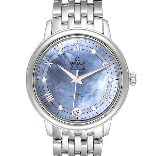 The image shows a front view of the Omega 424.10.33.20.57.001 Women's Stainless Steel Mother of Pearl Dial 424.10.33.20.57.001 Women's Stainless Steel Mother of Pearl Dial DeVille Prestige MOP Diamond Ladies Watch, model 424.10.33.20.57.001.