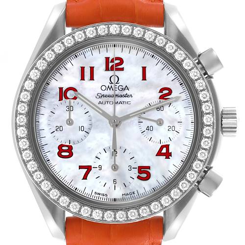 The Omega 3815.79.40 Women's Stainless Steel Mother of Pearl Dial 3815.79.40 Women's Stainless Steel Mother of Pearl Dial Speedmaster 3815.79.40 is shown from the front, highlighting its mother of pearl dial, diamond bezel, and orange strap.