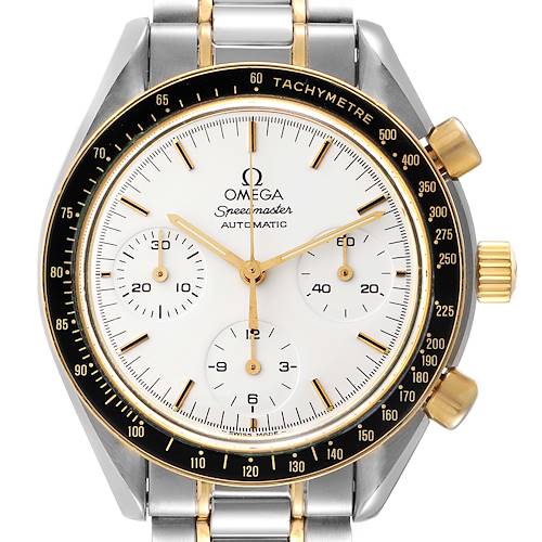 The image shows a close-up front view of an Omega Speedmaster 3310.20.00 Men's Steel and Gold (two tone) White Dial 3310.20.00 Men's Steel and Gold (two tone) White Dial watch, highlighting the dial, tachymeter bezel, and chronograph subdials.