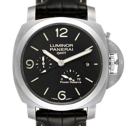 This image shows a Panerai Luminor PAM00321 Men's Stainless Steel Black Dial PAM00321 Men's Stainless Steel Black Dial GMT watch, viewed from the front, displaying the dial, hands, crown guard, and leather strap.
