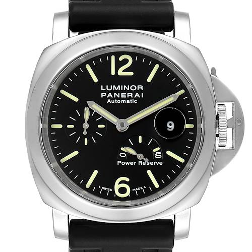 This image shows a front view of a Panerai Luminor PAM00090 Men's Stainless Steel Black Dial PAM00090 Men's Stainless Steel Black Dial watch, highlighting its dial and crown protector.