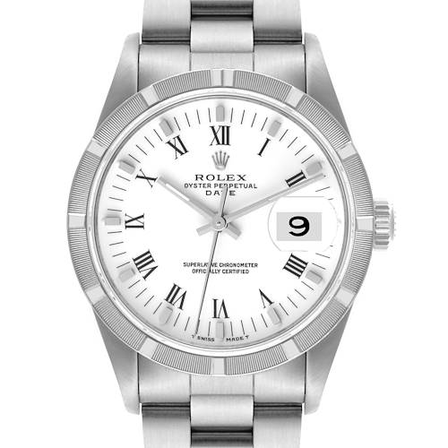 The image shows a front view of the Rolex Date 15210 Men's Stainless Steel White Dial 15210 Men's Stainless Steel White Dial, displaying its dial, bezel, crown, and part of the bracelet.