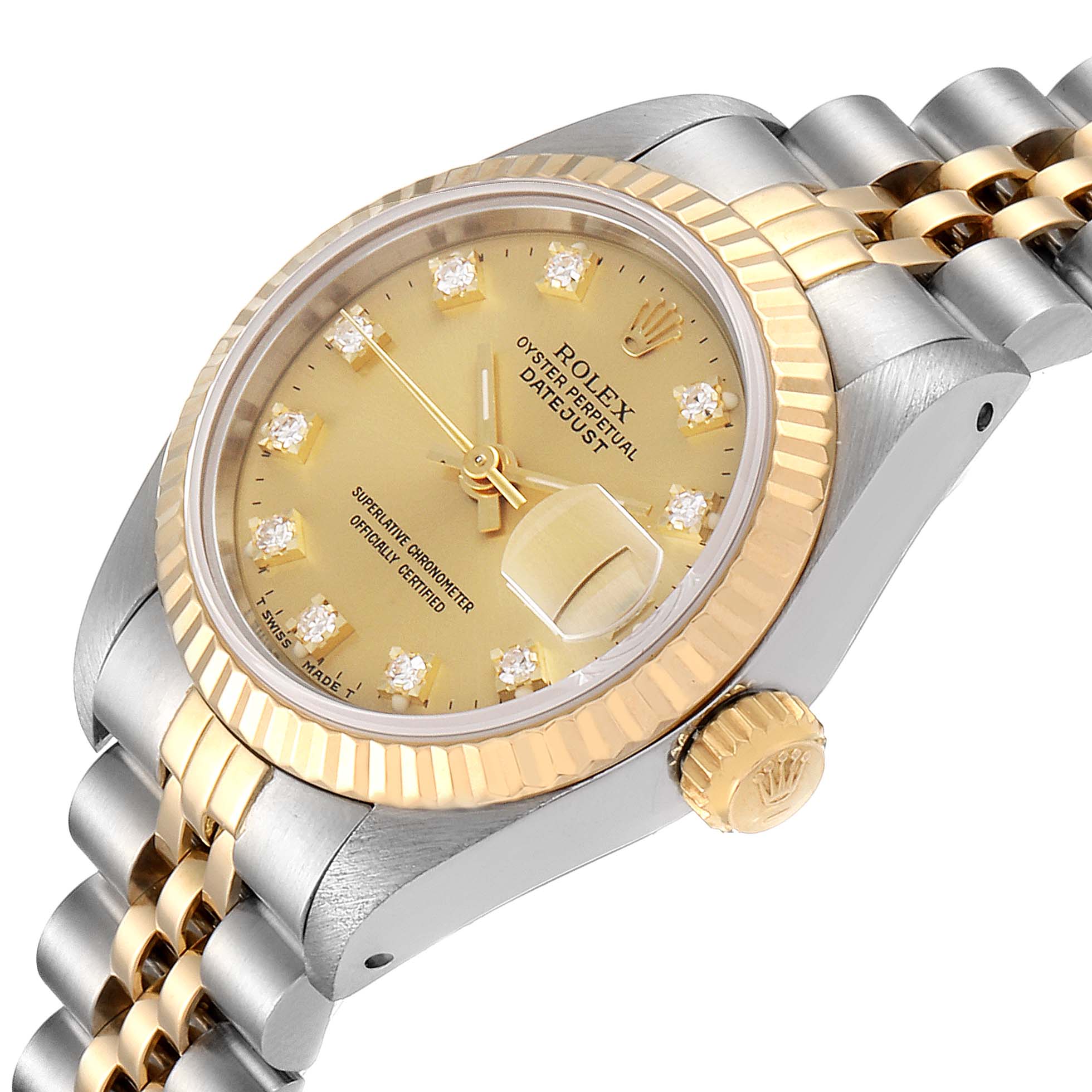 The image shows a Rolex Datejust 69173 Women's Steel and Gold (two tone) Champagne Dial 69173 Women's Steel and Gold (two tone) Champagne Dial watch from an angled side view, highlighting its dial, bezel, crown, and two-tone bracelet.