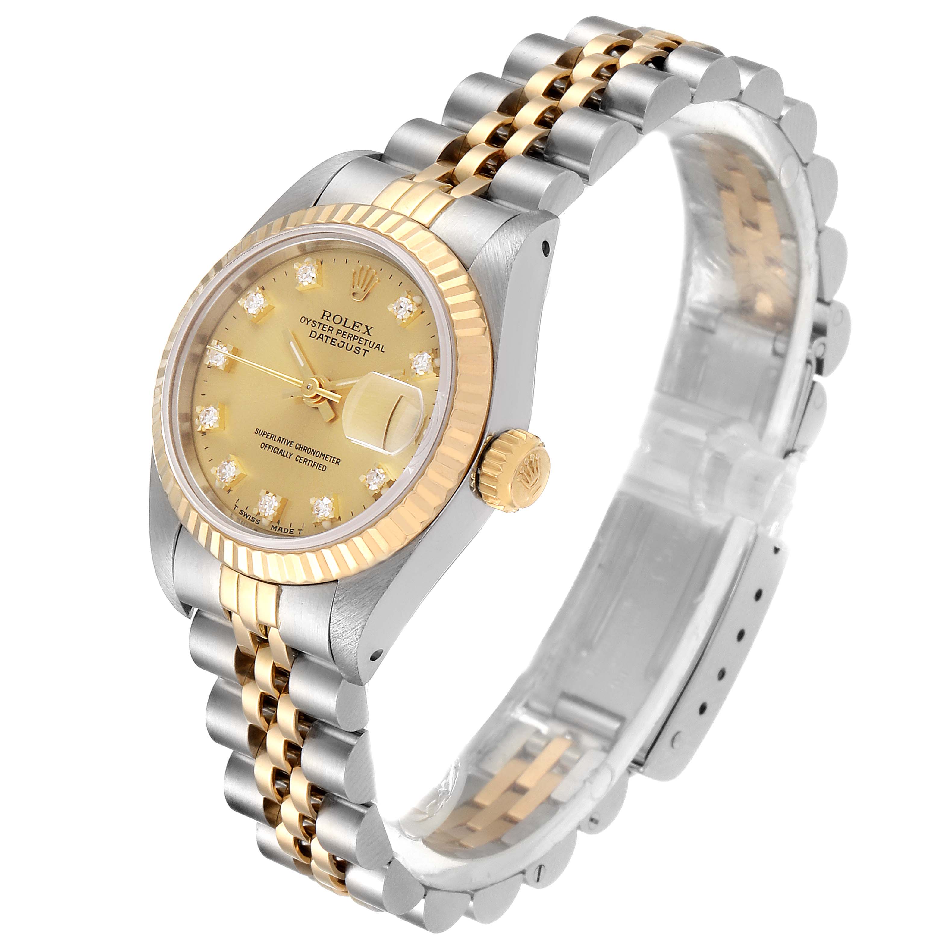 This Rolex Datejust 69173 Women's Steel and Gold (two tone) Champagne Dial 69173 Women's Steel and Gold (two tone) Champagne Dial watch is shown at a three-quarter angle, highlighting the dial, bezel, crown, and two-tone bracelet.