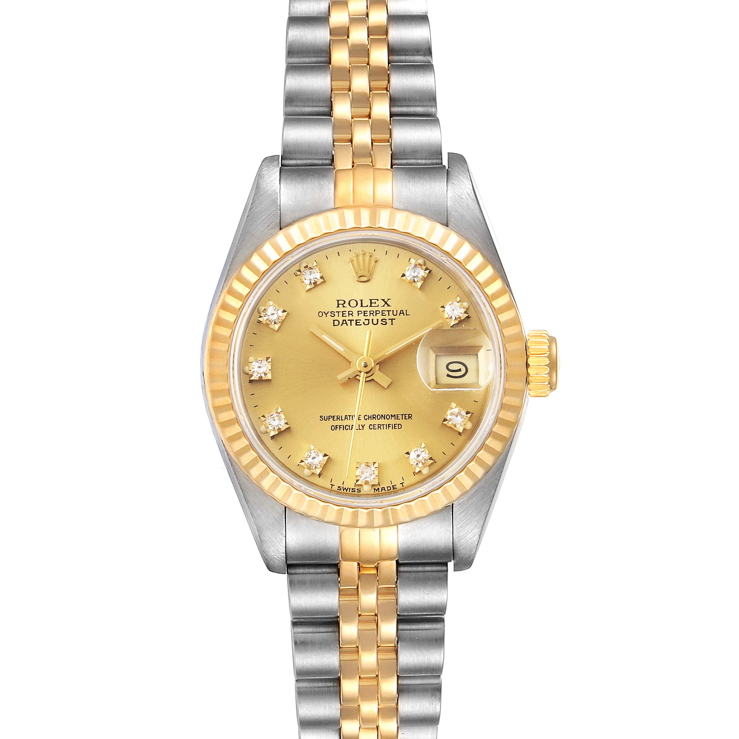 The image shows a Rolex Datejust 69173 Women's Steel and Gold (two tone) Champagne Dial 69173 Women's Steel and Gold (two tone) Champagne Dial watch with a jubilee bracelet, two-tone bezel, and gold dial viewed from the front.
