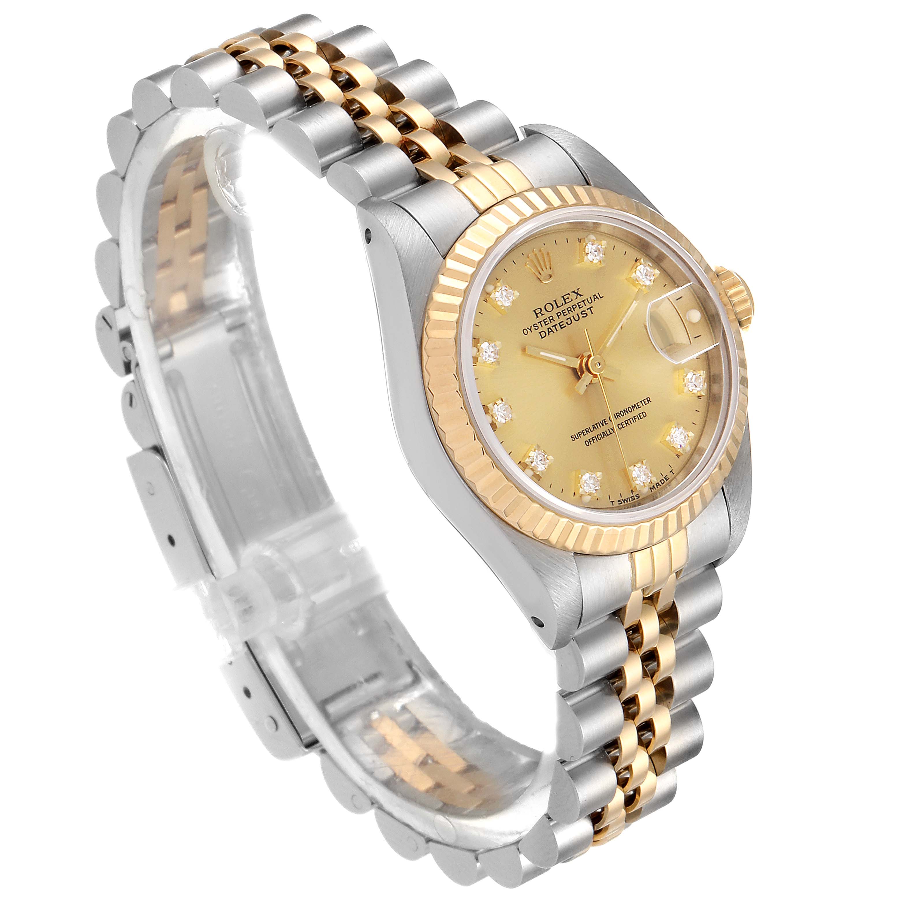 The image shows a Rolex Datejust 69173 Women's Steel and Gold (two tone) Champagne Dial 69173 Women's Steel and Gold (two tone) Champagne Dial watch at an angle that displays the face, bezel, and bracelet.