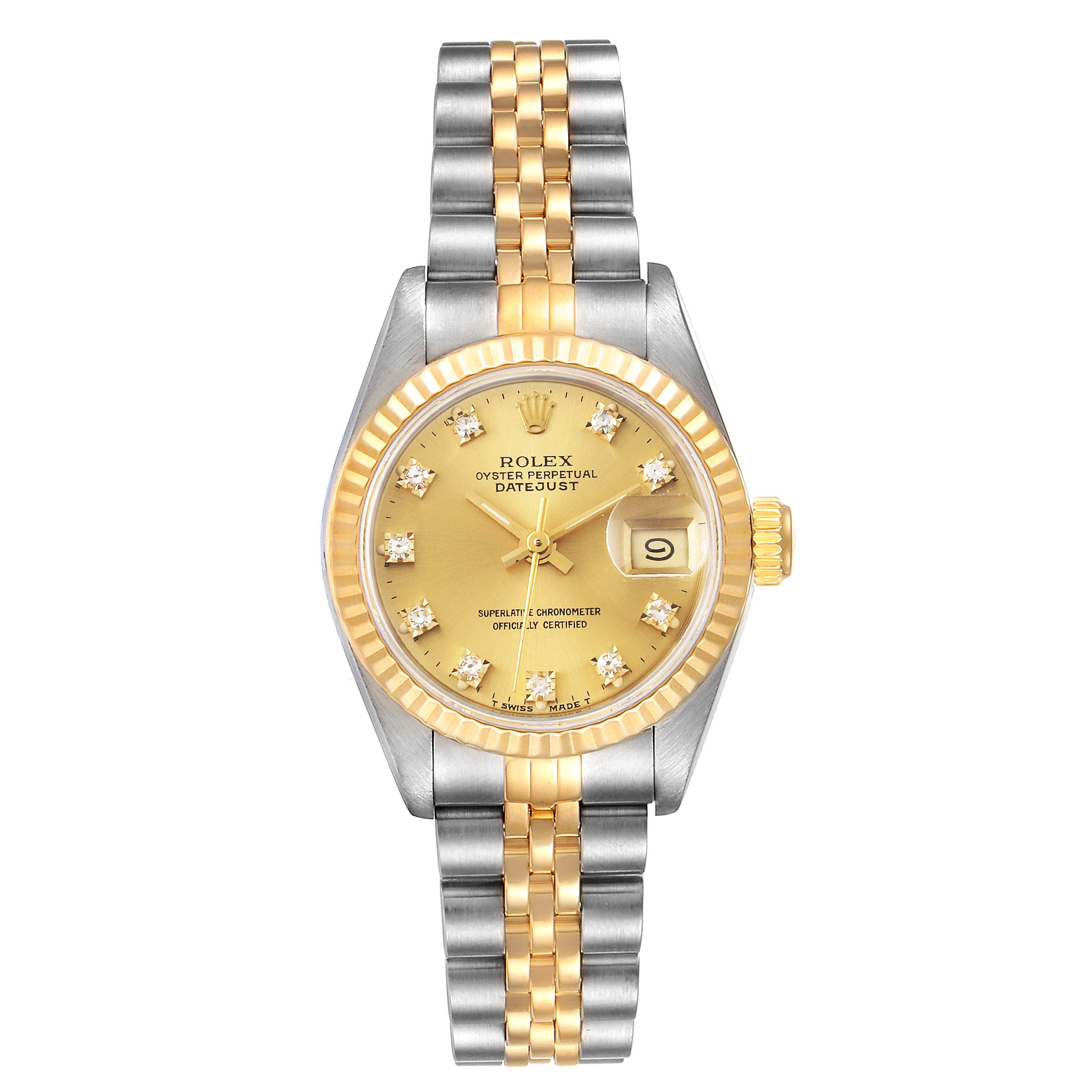 The image shows a front view of a Rolex Datejust 69173 Women's Steel and Gold (two tone) Champagne Dial 69173 Women's Steel and Gold (two tone) Champagne Dial, featuring its gold and silver bracelet, gold dial, and date display.