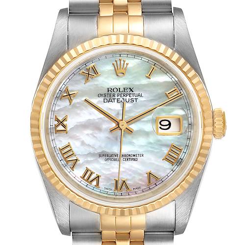 This image shows a front view of a Rolex Datejust 16233 Men's Steel and Gold (two tone) Mother of Pearl Dial 16233 Men's Steel and Gold (two tone) Mother of Pearl Dial, featuring a two-tone bracelet, fluted bezel, and date display at 3 o'clock.