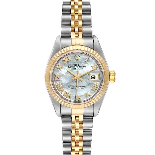 The Rolex Datejust 69173 Women's Steel and Gold (two tone) Mother of Pearl Dial 69173 Women's Steel and Gold (two tone) Mother of Pearl Dial watch is shown from a top-down angle, displaying its face, bezel, crown, and bracelet.