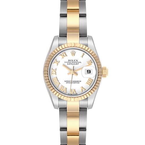 The Rolex Datejust 179173 Women's Steel and Gold (two tone) White Dial 179173 Women's Steel and Gold (two tone) White Dial watch is shown head-on, displaying its face, dial, bracelet, and fluted bezel.