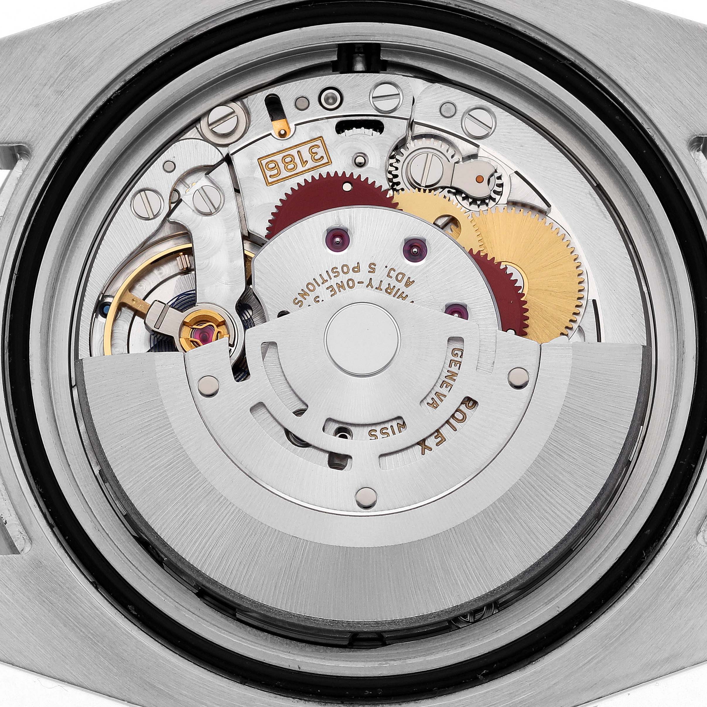 The image shows the movement mechanism of a Rolex GMT-Master 116710BLNR Men's Stainless Steel Black Dial 116710BLNR Men's Stainless Steel Black Dial watch, viewed from the back.