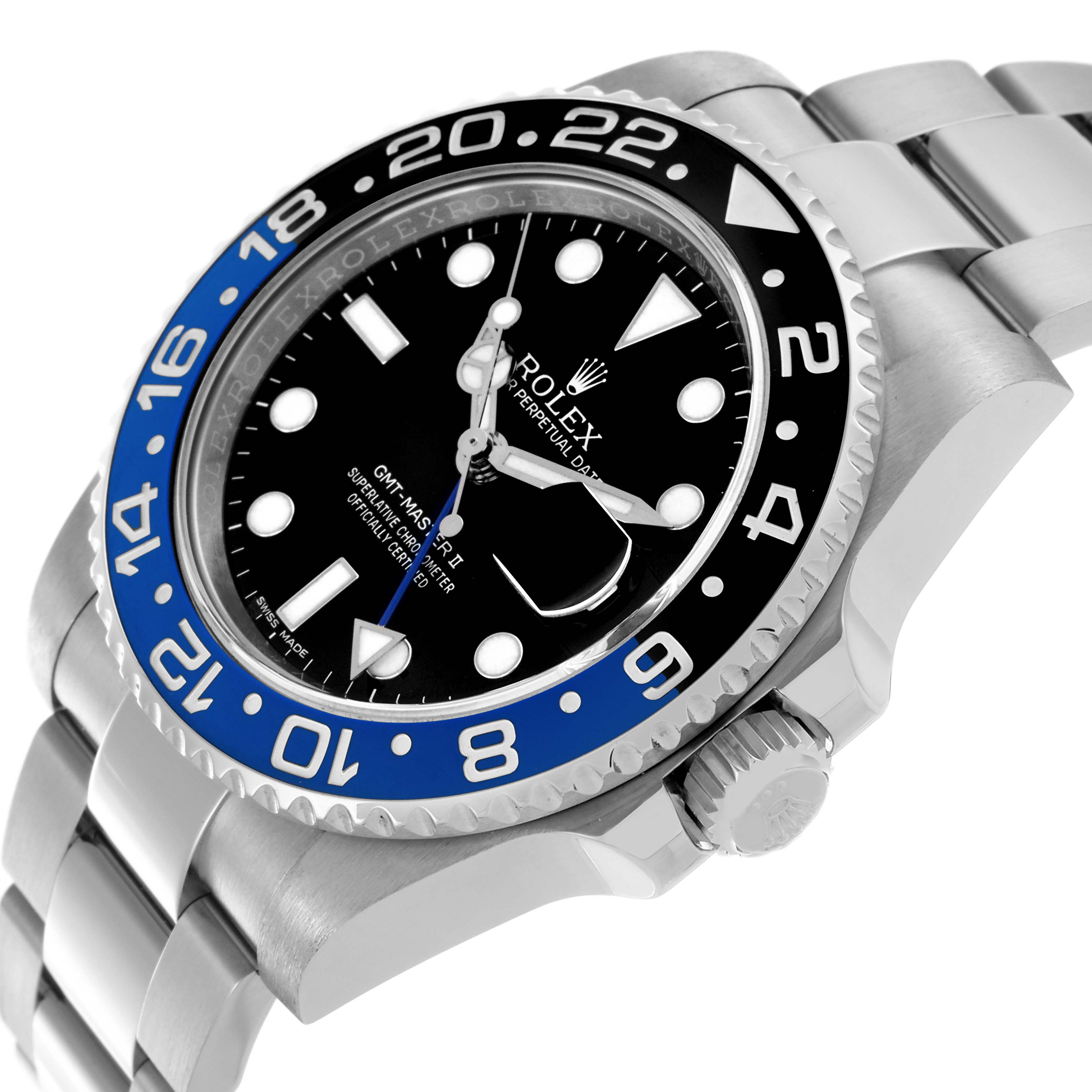 The Rolex GMT-Master 116710BLNR Men's Stainless Steel Black Dial 116710BLNR Men's Stainless Steel Black Dial watch is shown from a side angle, displaying the face, bezel, crown, and bracelet.