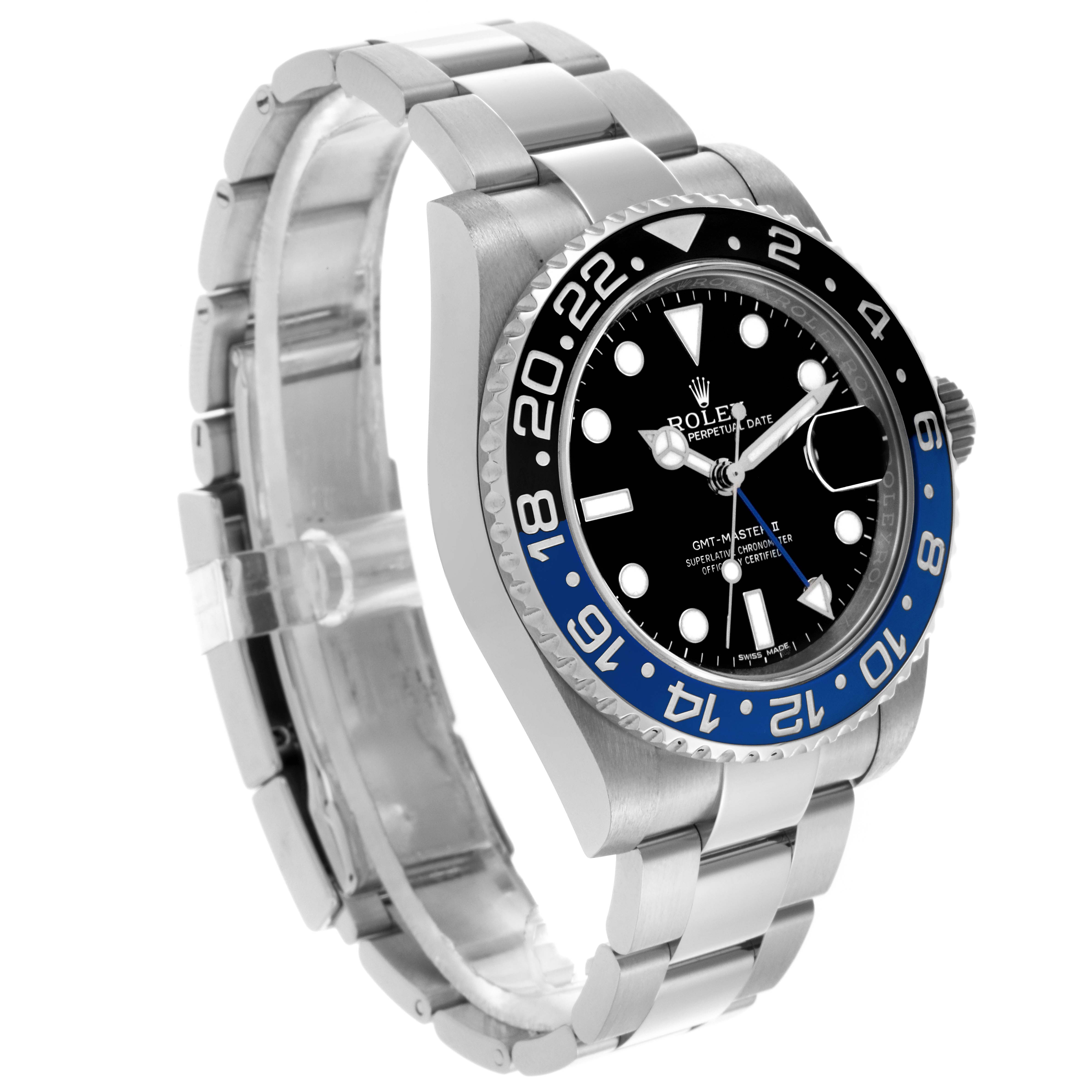 The Rolex GMT-Master 116710BLNR Men's Stainless Steel Black Dial 116710BLNR Men's Stainless Steel Black Dial watch is shown at a three-quarter angle, displaying the bezel, dial, and bracelet.