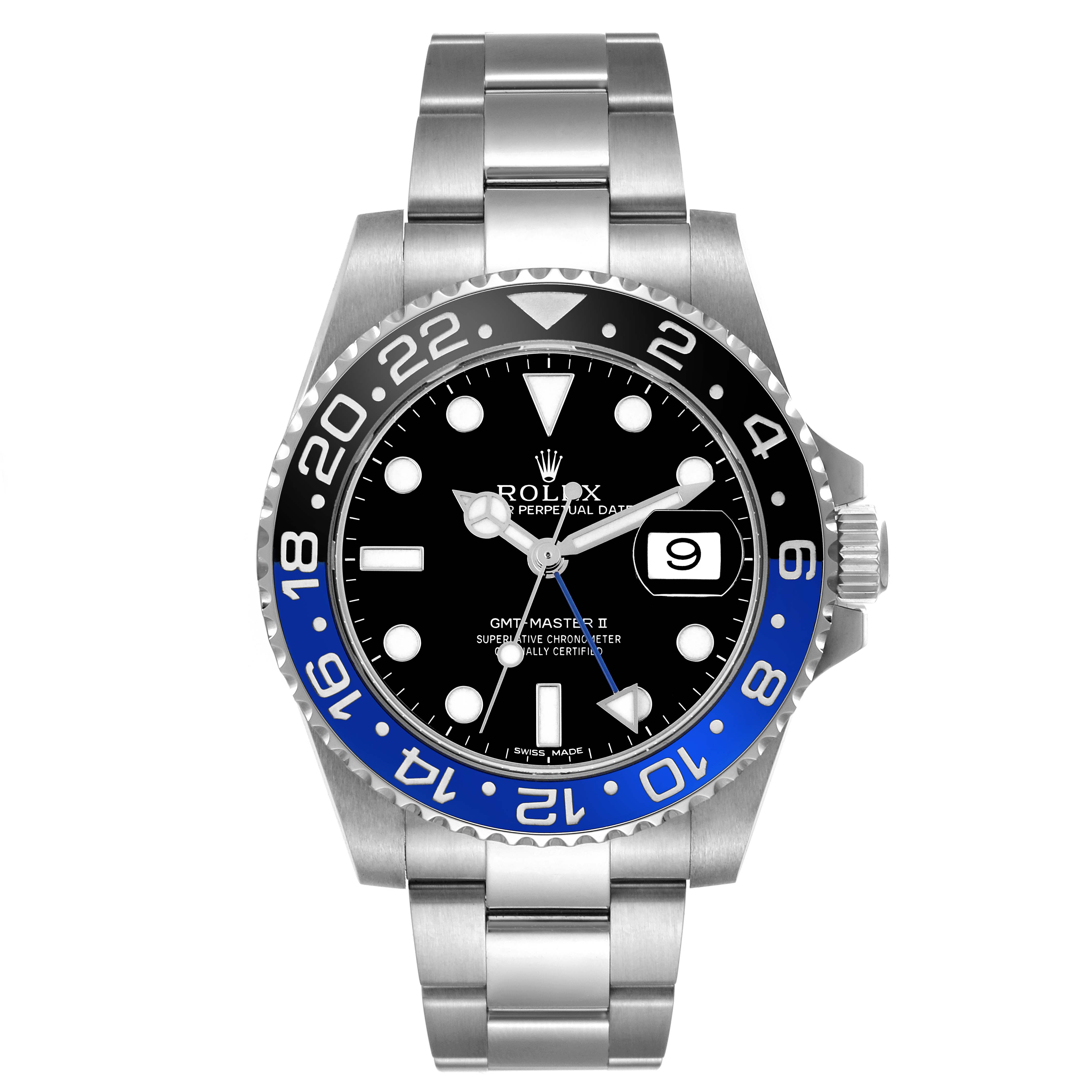 The Rolex GMT-Master 116710BLNR Men's Stainless Steel Black Dial 116710BLNR Men's Stainless Steel Black Dial II is shown from a front angle, displaying its bezel, dial, crown, and bracelet.