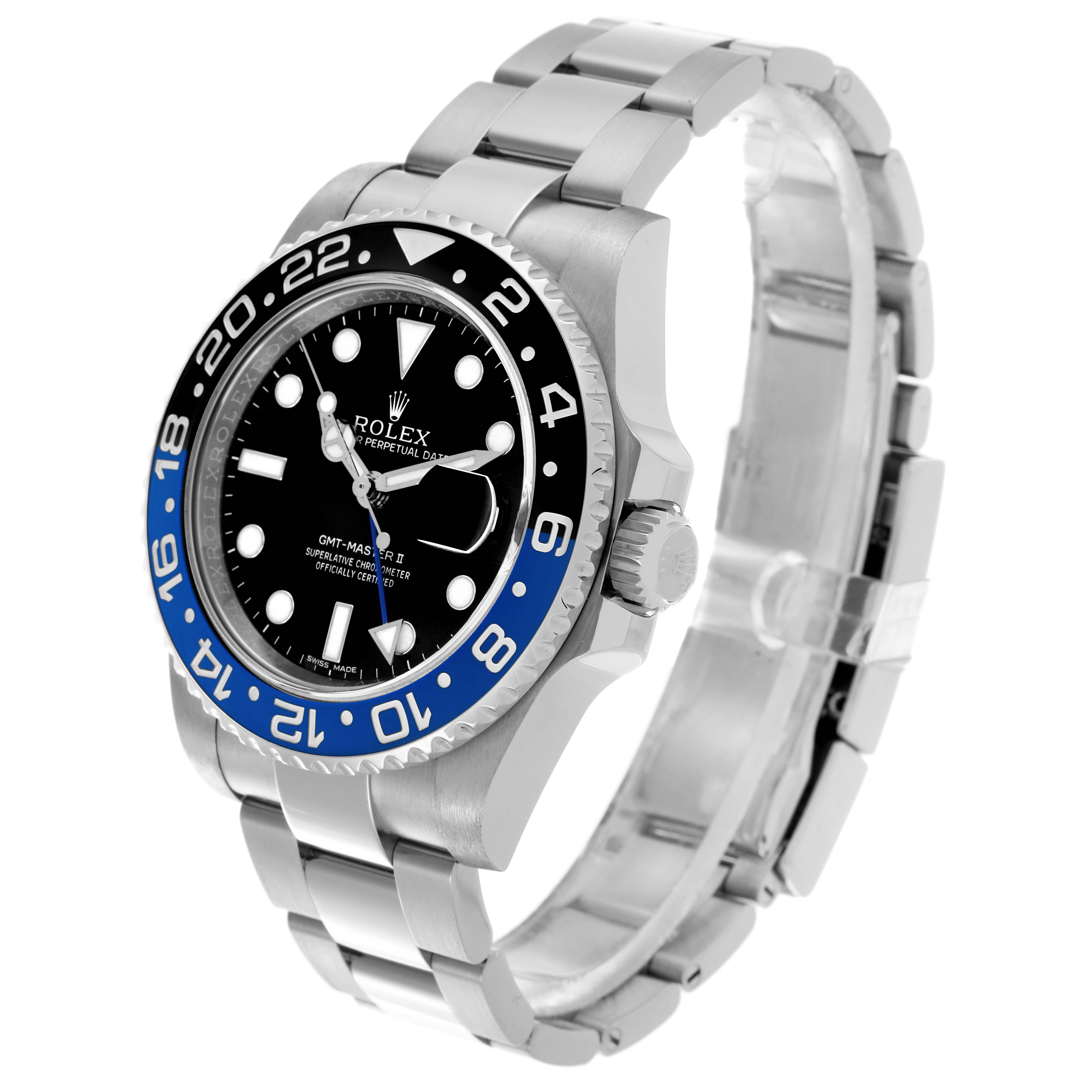 The image shows a Rolex GMT-Master 116710BLNR Men's Stainless Steel Black Dial 116710BLNR Men's Stainless Steel Black Dial watch at a three-quarter angle, highlighting the face, bezel, and bracelet.