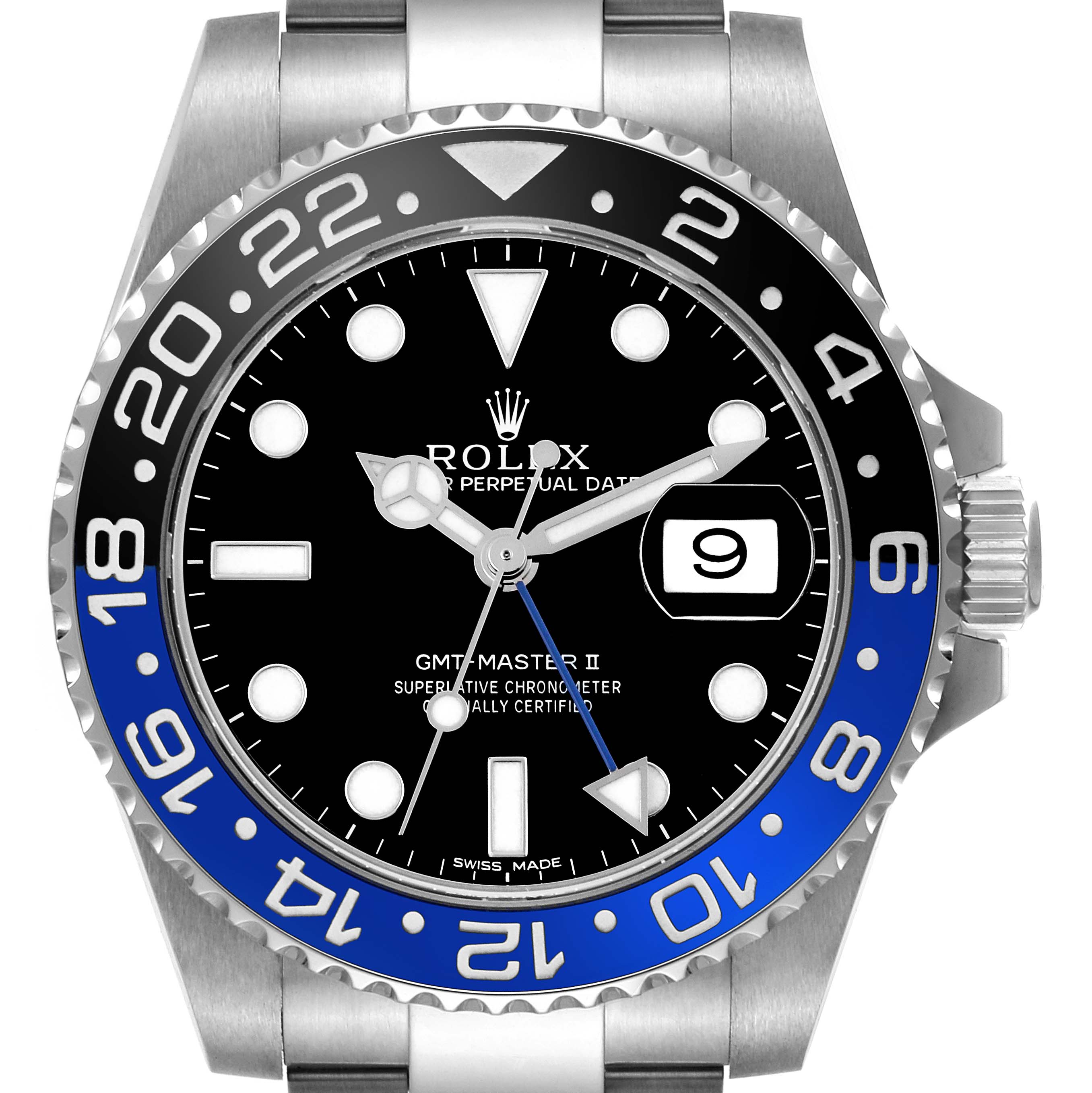 The Rolex GMT-Master 116710BLNR Men's Stainless Steel Black Dial 116710BLNR Men's Stainless Steel Black Dial watch is shown from a front angle, highlighting the bezel, dial, and partial bracelet.